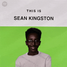 a poster for sean kingston shows a man wearing glasses and a white shirt