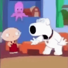 a cartoon character is standing next to a cartoon character in a room .