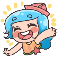 a cartoon girl with blue hair and a pink hat