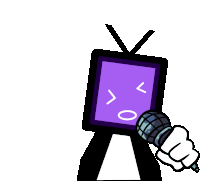 a cartoon character is holding a microphone in front of a purple screen