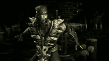 a video game character with a skull on his chest is standing in a dark room