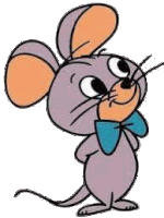 a cartoon mouse is wearing a blue bow tie .