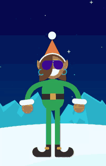 an elf wearing sunglasses and a santa hat is standing in the snow