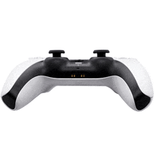 the back of a white and black video game controller with a charging port