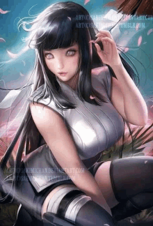 it is a painting of a girl with long black hair and a huge breast .