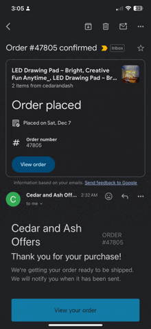 a phone screen shows an order placed on dec 7th