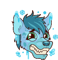 a cartoon drawing of a hyena with snowflakes behind it