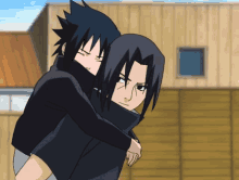 a couple of anime characters hugging each other with a building in the background