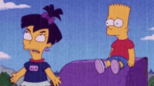 bart simpson is sitting on a purple rock next to a girl