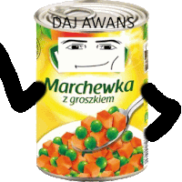 a can of marchewka z groszkiem has arms and legs