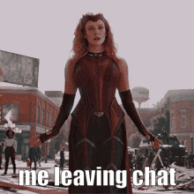 a woman in a corset and gloves is standing on a street with the words me leaving chat below her