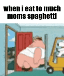 a cartoon of peter griffin from family guy eating spaghetti in a room .