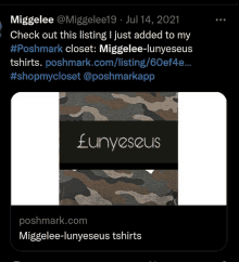 a screenshot of a poshmark advertisement for miggelee-lunyeseus shirts