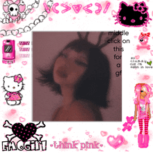 a picture of a girl is surrounded by pink hearts and hello kitty stickers