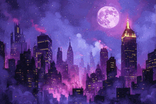 a painting of a city at night with a full moon