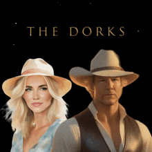 a man and a woman are standing next to each other in front of a black background that says " the dorks "