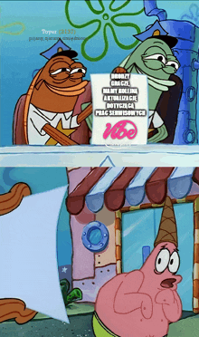 a cartoon of spongebob and patrick looking at a sign that says " 1000 "