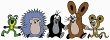 a group of cartoon characters including a hedgehog a mole a frog and a mouse are standing next to each other