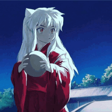 a drawing of a girl with white hair and red clothes holding a ball