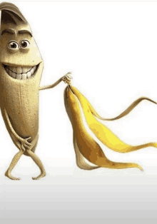 a cartoon banana with arms and legs holding a peeled banana