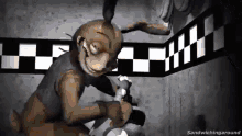 a cartoon rabbit is holding a person in a room with a checkered wall behind it .