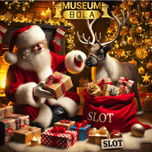 a poster for museum bola shows santa and a deer