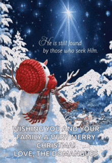 a christmas card with a snowman wearing a red scarf and hat