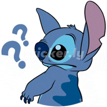 a sticker of stitch with a question mark in front of him