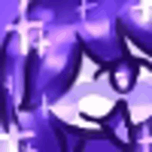 a close up of a cartoon character 's face with purple hair and glasses .