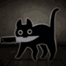 a black cat with a knife in its mouth is standing on a wooden floor .