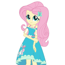 a drawing of a girl with pink hair and a blue dress