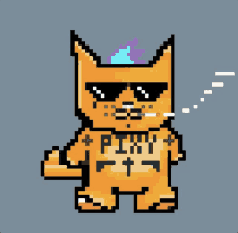 a pixel art drawing of a cat smoking a cigarette with the word pixy on his chest