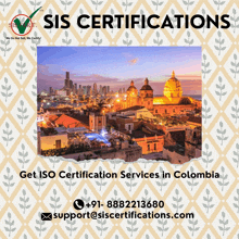 an advertisement for sis certifications in colombia with a picture of a city