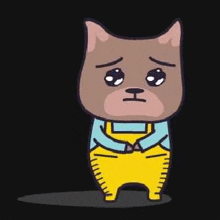 a cartoon dog wearing overalls and a blue shirt is standing in the dark with a sad face .