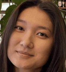 a close up of a woman 's face with long hair looking at the camera .