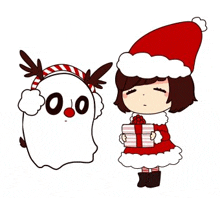 a cartoon girl in a santa hat is holding a gift next to a ghost .