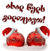 two red christmas ornaments wearing santa hats on a snowy surface