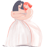 a drawing of two women in white dresses hugging