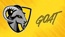 a goat with horns and a shield on a yellow background with the word goat .