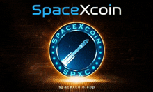 a logo for spacexcoin with a rocket in the middle