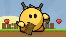 a cartoon character is holding a log with two swords on it .