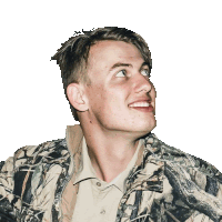 a young man wearing a camo jacket looks up at something