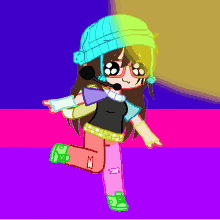 a drawing of a girl wearing a rainbow hat and glasses