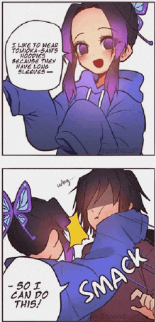 a girl with purple hair is wearing a blue hoodie while talking to a man