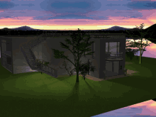 a computer generated image of a house with stairs leading up to the roof