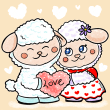 a couple of sheep standing next to each other holding a heart that says love