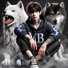 a man wearing a hoodie that says mb is kneeling in front of two wolves