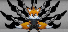 a pixel art of tails from sonic the hedgehog standing in front of a bunch of black wings .