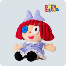 a stuffed doll with red hair and a blue button on her eye sits in front of a delta grove logo