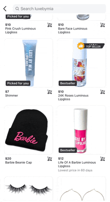 a barbie beanie cap and a barbie lipgloss are among the items on a phone screen